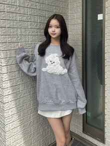 FRIFUL Women's Cartoon Dog Print Round Neck Drop Shoulder Long Sleeve Casual Sweatshirt - Grey - View 5
