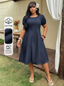 Dazy Plus 深色水洗藍純色圓領收腰泡泡袖A字大尺碼女款中長牛仔洋裝，春夏度假風 - 深色水洗藍 - 查看 8
