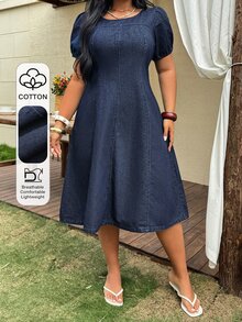 Dazy Plus 深色水洗藍純色圓領收腰泡泡袖A字大尺碼女款中長牛仔洋裝，春夏度假風 - 深色水洗藍 - 查看 9