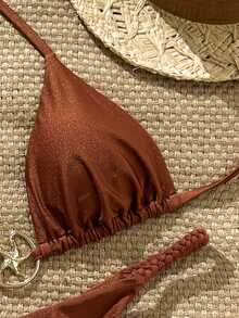 SHEIN Swim Women's Solid Color Spaghetti Strap Metal Decor Thong Bikini 2-Piece Swimwear Set, Summer Beach Holiday - Brown - View 5