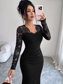 Modelyn Premium Elegant Lady Style V-Neck Lace Patchwork Long Sleeve Pleated Slim Fit Flattering Mermaid Dress For Women Banquet - Black - View 7