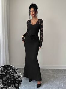 Modelyn Premium Elegant Lady Style V-Neck Lace Patchwork Long Sleeve Pleated Slim Fit Flattering Mermaid Dress For Women Banquet - Black - View 8