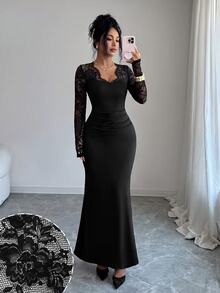 Modelyn Premium Elegant Lady Style V-Neck Lace Patchwork Long Sleeve Pleated Slim Fit Flattering Mermaid Dress For Women Banquet - Black - View 6