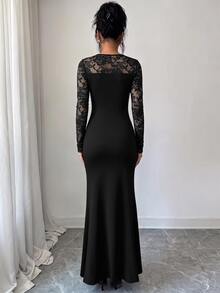 Modelyn Premium Elegant Lady Style V-Neck Lace Patchwork Long Sleeve Pleated Slim Fit Flattering Mermaid Dress For Women Banquet - Black - View 9