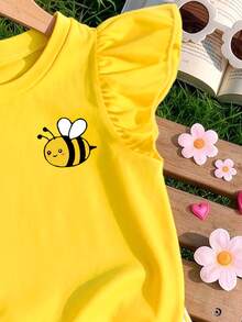 1pc Yellow Little Bee Pattern Cap Sleeve Top For Girls, Suitable For Spring And Summer - Pink - View 5