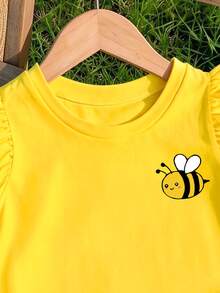 1pc Yellow Little Bee Pattern Cap Sleeve Top For Girls, Suitable For Spring And Summer - Pink - View 4