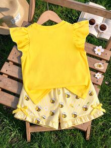 1pc Yellow Little Bee Pattern Cap Sleeve Top For Girls, Suitable For Spring And Summer - Pink - View 2