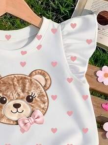 女童甜美愛心滿版印花飛袖上衣 新款卡通熊短袖 T-shirt 適合夏季海灘 3 歲生日 白色仙女嬰兒 - 粉色 - 查看 4