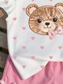 女童甜美愛心滿版印花飛袖上衣 新款卡通熊短袖 T-shirt 適合夏季海灘 3 歲生日 白色仙女嬰兒 - 粉色 - 查看 3