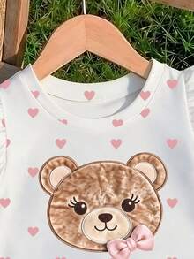 女童甜美愛心滿版印花飛袖上衣 新款卡通熊短袖 T-shirt 適合夏季海灘 3 歲生日 白色仙女嬰兒 - 粉色 - 查看 5