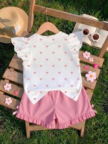 女童甜美愛心滿版印花飛袖上衣 新款卡通熊短袖 T-shirt 適合夏季海灘 3 歲生日 白色仙女嬰兒 - 粉色 - 查看 2