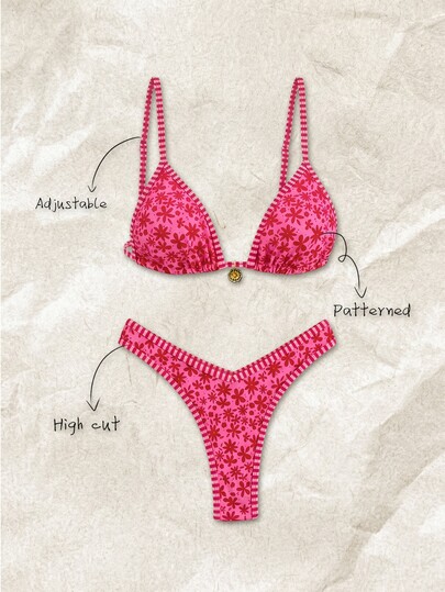 Elavelle Women's Spring/Summer Random Print Spaghetti Strap High Cut Bikini Set