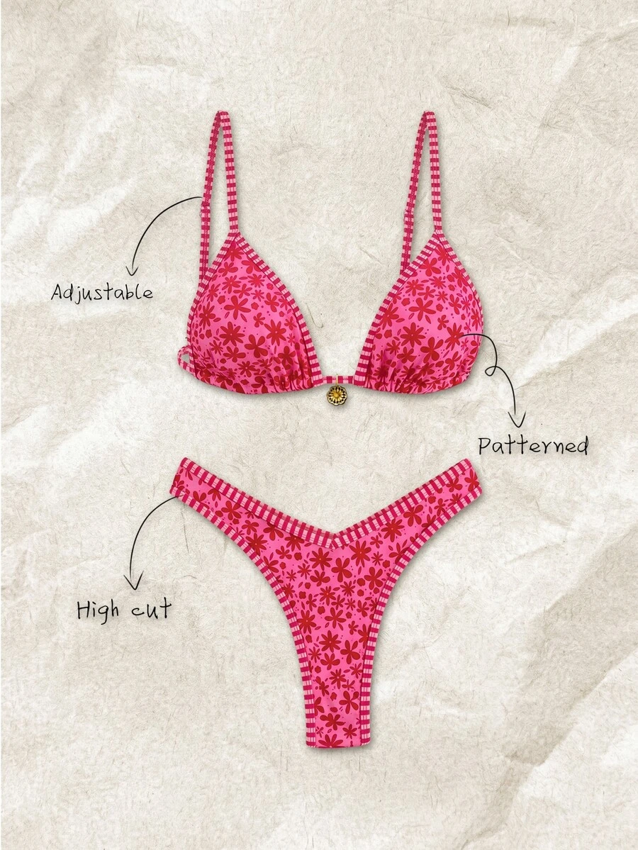 Elavelle Women's Spring/Summer Random Print Spaghetti Strap High Cut Bikini Set - Multicolor - View 1