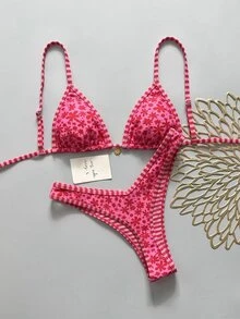 Elavelle Women's Spring/Summer Random Print Spaghetti Strap High Cut Bikini Set - Multicolor - View 3