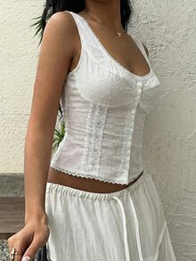 Sunnyshic Camiseta ajustada de mujer con cierre de un solo pecho y aplicaciones de encaje - Blanco - Ver 3