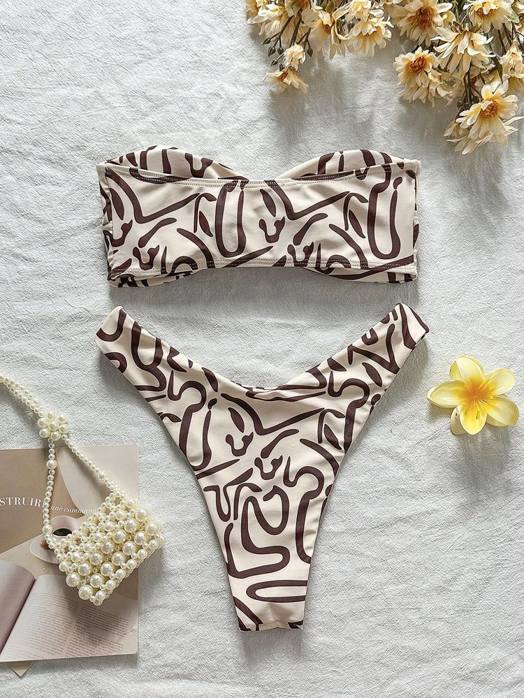 SHEIN Swim Multicolor Sleeveless Textured Pattern Bandeau Bikini Set For Women High Cut Swimwear Short Length - Multicolor - View 3