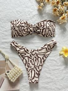 SHEIN Swim Multicolor Sleeveless Textured Pattern Bandeau Bikini Set For Women High Cut Swimwear Short Length - Multicolor - View 2