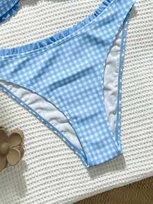 Swim Mod Women's Summer Beach Cute Sweet Plaid Print Ruffle Trim Bikini Set, Suitable For Beach, Casual, Vacation, Holiday, Party Wear - Baby Blue - View 5