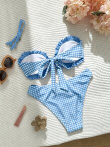 Swim Mod Women's Summer Beach Cute Sweet Plaid Print Ruffle Trim Bikini Set, Suitable For Beach, Casual, Vacation, Holiday, Party Wear - Baby Blue - View 2
