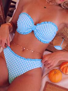 Swim Mod Women's Summer Beach Cute Sweet Plaid Print Ruffle Trim Bikini Set, Suitable For Beach, Casual, Vacation, Holiday, Party Wear - Baby Blue - View 4