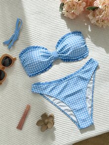 Swim Mod Women's Summer Beach Cute Sweet Plaid Print Ruffle Trim Bikini Set, Suitable For Beach, Casual, Vacation, Holiday, Party Wear - Baby Blue - View 3