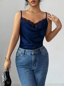 SHEIN PariChic Women's Elegant Lace Satin Camisole In Black - Royal Blue - View 4