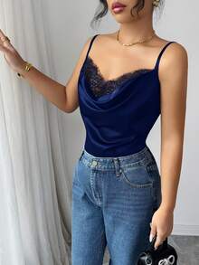 SHEIN PariChic Women's Elegant Lace Satin Camisole In Black - Royal Blue - View 3