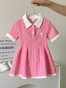 SHEIN 女嬰白色休閒洋裝，1件，羅紋領口，羅紋袖口，休閒，戶外，適合運動、派對 - 粉色 - 查看 7