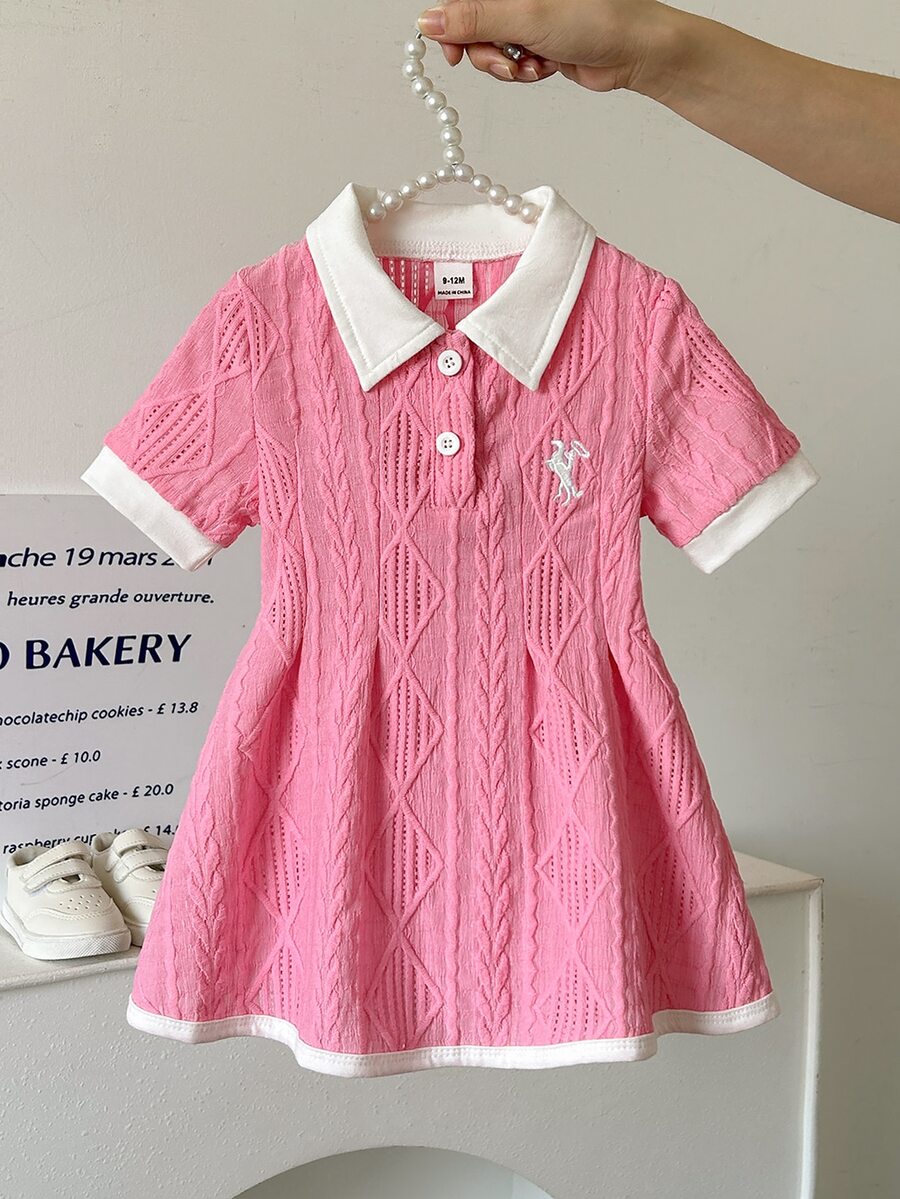 SHEIN Gaun Kasual Putih untuk Bayi Perempuan, 1 buah, Kerah Bergaris, Manset Bergaris, Kasual, Luar Ruangan, Cocok untuk Olahraga, Pesta - Berwarna merah muda - View 1