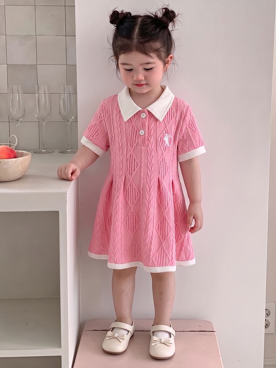 SHEIN 女嬰白色休閒洋裝,1件,羅紋領口,羅紋袖口,休閒,戶外,適合運動、派對 - 粉色 - 查看 1