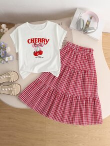 SHEIN Tween女孩 2件組 大蝴蝶結裝飾櫻桃字母印花休閒圓領短袖T恤 + 鈕扣裝飾格紋長裙套裝，夏季 - 紅白色 - 查看 3