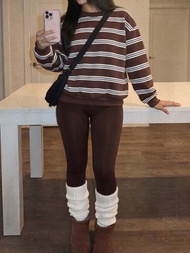 Slaydiva 女款條紋拼接配色長袖上衣與緊身褲兩件套 - 彩色 - 查看 4