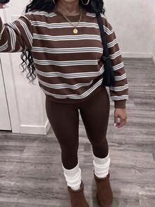 Slaydiva Women's Striped Colorblock Long Sleeve Top And Leggings 2 Pieces Set - Multicolor - View 3