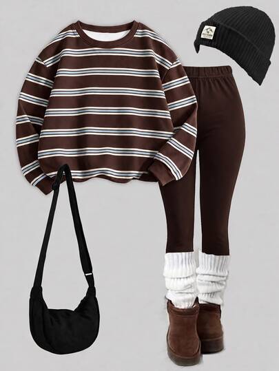 Slaydiva Women's Striped Colorblock Long Sleeve Top And Leggings 2 Pieces Set