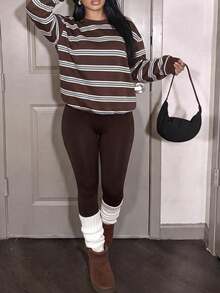 Slaydiva Women's Striped Colorblock Long Sleeve Top And Leggings 2 Pieces Set - Multicolor - View 5