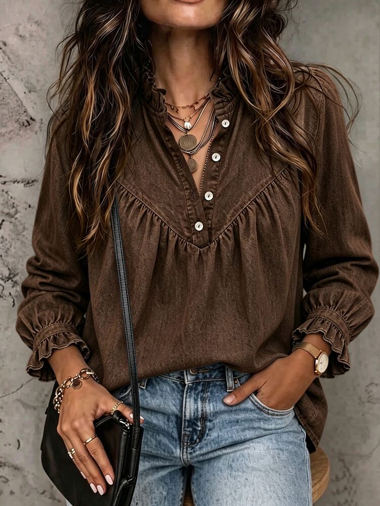 SHEIN Women's Fashion Blue Denim Effect Ruffle Collar Gathered Sleeve Loose Fit Versatile Blouse, Suitable For Daily Wear, Commuting, Casual Outings And Dates - Brown - View 4