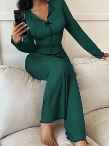 SHEIN 女款黑白對比飾邊修身長袖上衣與長褲睡衣套裝，秋冬季，秋季服飾，舒適穿搭 - 墨綠色 - 查看 6