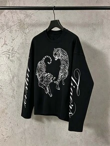 ZURIURI Men's Black Long Sleeve T-Shirt With Tiger Print Pattern, Fashion Loose Fit Brand Crew Neck - Black - View 5