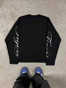 ZURIURI Men's Black Long Sleeve T-Shirt With Tiger Print Pattern, Fashion Loose Fit Brand Crew Neck - Black - View 2