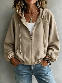 Franclia Women's Casual Versatile Long Sleeve Hooded Zip-Up Jacket, Autumn/Winter - Grey - View 1