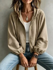 Franclia Women's Casual Versatile Long Sleeve Hooded Zip-Up Jacket, Autumn/Winter - Grey - View 3
