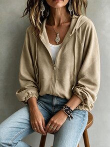 Franclia Women's Casual Versatile Long Sleeve Hooded Zip-Up Jacket, Autumn/Winter - Grey - View 9