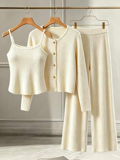GlowEve Bộ đồ nữ casual gồm áo cardigan tay dài cài nút đơn màu trơn, áo hai dây và quần dài