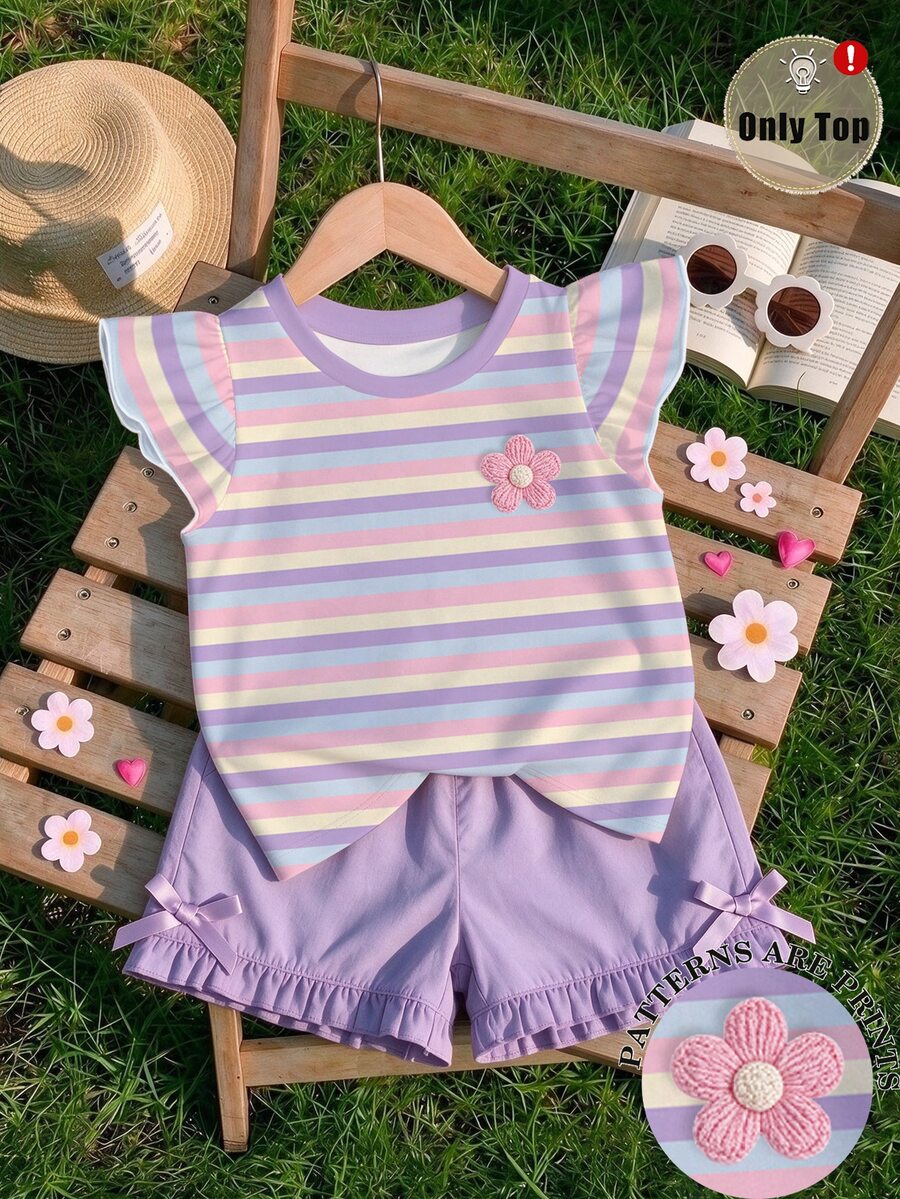 Girls' Macaron Rainbow Striped Flutter Sleeve T-Shirt, New Sweet Floral Cap Sleeve Top For Summer - Pink - View 1