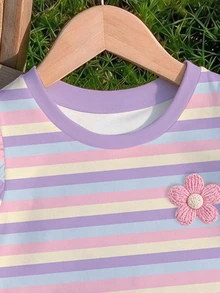 Girls' Macaron Rainbow Striped Flutter Sleeve T-Shirt, New Sweet Floral Cap Sleeve Top For Summer - Pink - View 3