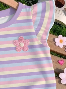 Girls' Macaron Rainbow Striped Flutter Sleeve T-Shirt, New Sweet Floral Cap Sleeve Top For Summer - Pink - View 5