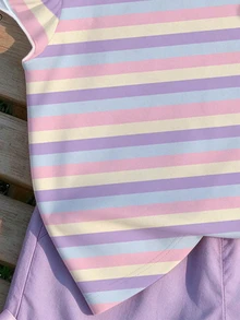 Girls' Macaron Rainbow Striped Flutter Sleeve T-Shirt, New Sweet Floral Cap Sleeve Top For Summer - Pink - View 4