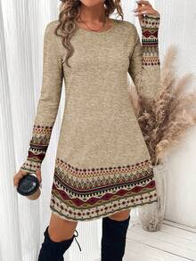 SHEIN LUNE Casual Vintage Floral Pattern Plus Size Women's Round Neck Long Sleeve Loose Fit Dress With Pockets, Suitable For Autumn/Winter Fall - Multicolor - View 4