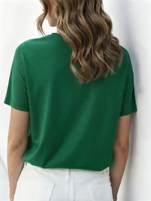 DrmWander Plus Size Women Summer Casual Embroidered Short Sleeve T-Shirt - Dark Green - View 2