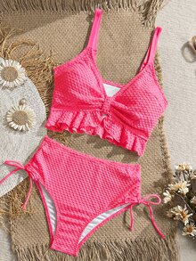 Swim Vcay Women's Solid Color Textured Fabric Sweet Ruffle Drawstring High Waist Cropped Camisole Bikini Top For Beach Vacation - Hot Pink - View 4